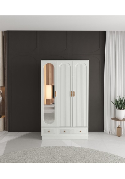 Mila 3 Kapaklı Çekmeceli Bazalı Gardırop - Tamamı Mdf Beyaz