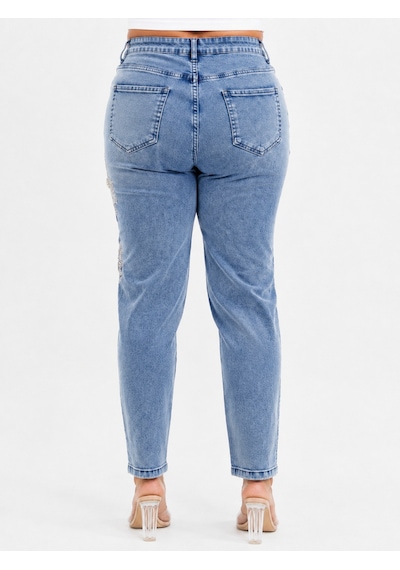 Trieste Büyük Beden Yüksek Bel Çiçek Dantel Ve İnci Detaylı Denim Kadın Pantolon Mavi
