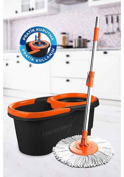 Focus Black Otomatik Temizlik Seti, Pedalsız Döner Sıkmalı 360 Başlıklı Mikrofiber Paspas