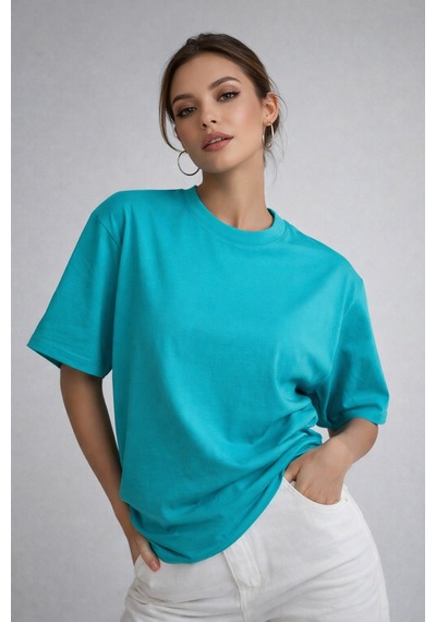 Kadın Turkuaz %100 Pamuk Oversize Basic Tişört Rahat Kalıp Relaxed Bisiklet Yaka T-shirt Turkuaz