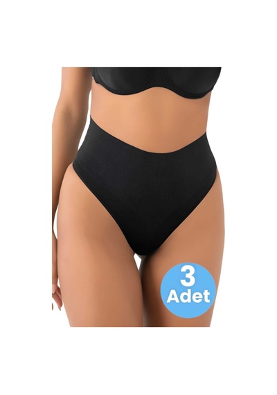 Uniquetrenders Kadın Dikişsiz Alt Karın Toparlayıcı String Külot Korse 3'lü Set Siyah
