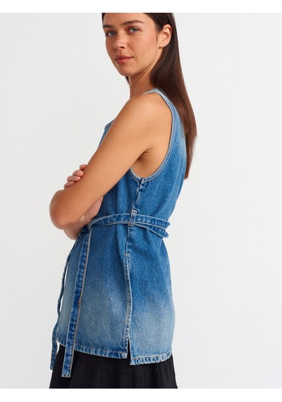 Dilvin İnce Kemerli Denim Bluz Mavi