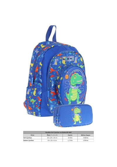 Kaukko Erkek Çocuklar İçin Okul Sırt Çantası L5262 Ve Üç Bölmeli Kalemlik L8262 Seti - Mavi Yeşil - 3d Dinazor Detaylı Mavi - Yeşil