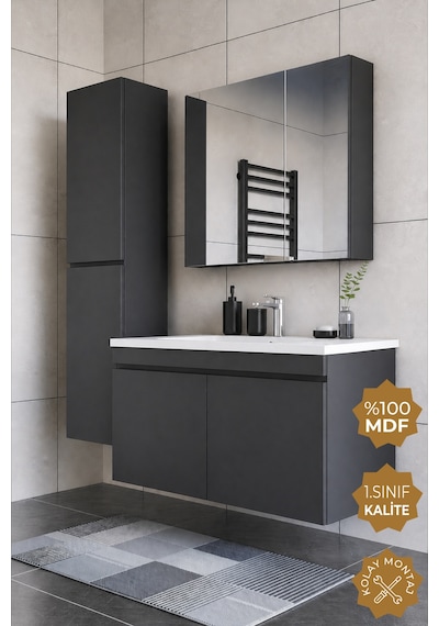 Teta Home Tokyo 100 Cm Mdf Banyo Dolabı Seti + Boy Dolabı Antrasit
