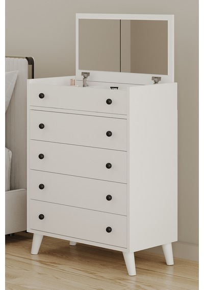 Aeka Ae-4010 Nora 4 Çekmeceli Takı Ve Aksesuar Düzenleyicili Çok Amaçlı Şifonyer 74,2x94,8x32,2 Cm Beyaz