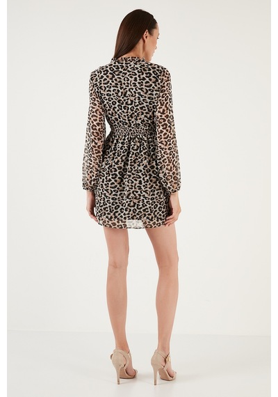 Lela V Yaka Regular Fit Gipeli Düğme Detaylı Şifon Mini Bayan Elbise 611El01433 Leopar