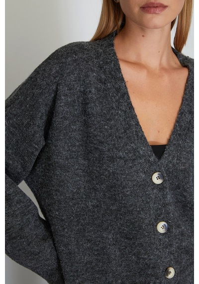 Fullamoda Düğmeli V Yaka Oversize Triko Hırka Antrasit