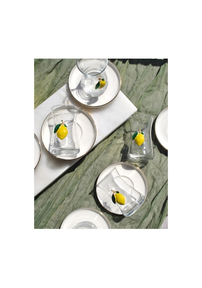 12 Parça Limonlu Çay Seti Limon Dekorlu Çay Bardağı Ve Gold Porselen Çay Tabağı