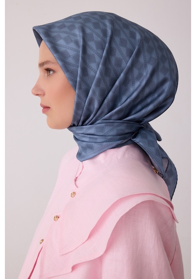 Belli Geometrik Desen %100 Twill İpek Eşarp Be25 İndigo Mavi