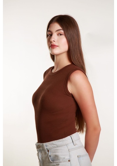 Mea Capio Kadın Kahverengi Fitilli Likralı Sıfır Kol Bisiklet Yaka Örme Atlet Tshirt Bluz Kahverengi