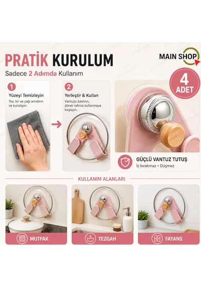 Mainshop Vantuzlu Döner Kapak Tutucu 4 Adet - Delme Gerektirmeyen Mutfak Rafı M-56 Pembe