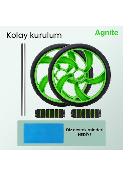 Agnıte Çift Tekerlekli Karın Egzersiz Tekerleği Diz Pedli Fitness Yeşil Siyah