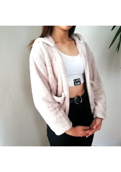 Yumuşacık Peluş Kapşonlu Fermuarlı Sweatshirt Hırka Taş Renk Çok Renkli