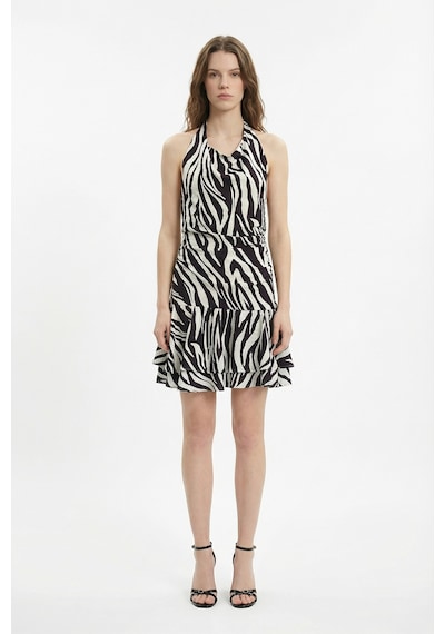 Quzu Zebra Desenli Halter Yaka Mini Elbise Kahverengi Kahverengi