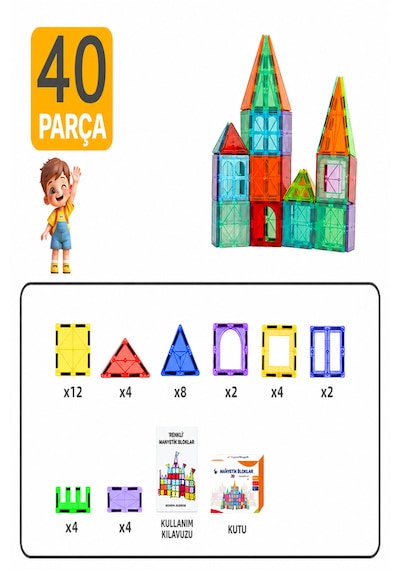 40 Parça 7.5 Cm Büyük Boy Manyetik Blok Seti Güçlü Mıknatıslı Zeka Geliştirici Eğitici Oyuncak