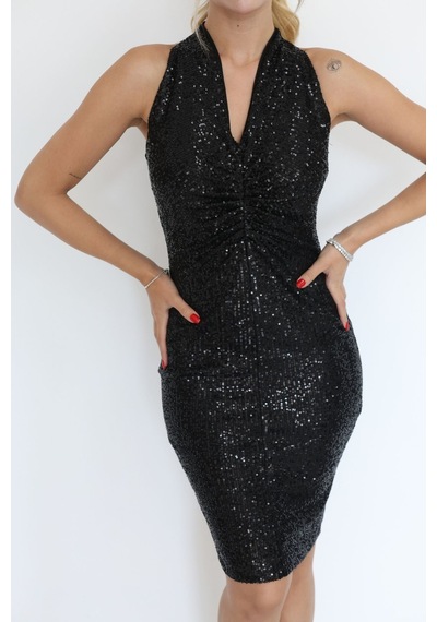 Lodmela Halter Yaka Pile Detaylı Payetli Midi Elbise 6095-siyah