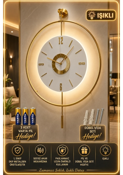 MetaQuartz Aksesuar İskandinav Kadran Gold Büyük Boy 50 x 75 CM 3 Adet Pil Metal (Mobilya) Duvar Saati Gold