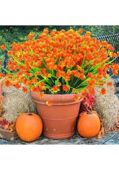 6lı Set Yapay Çiçek Sazlı Lotus Turuncu Renk 7 Dal Plastik 30cm