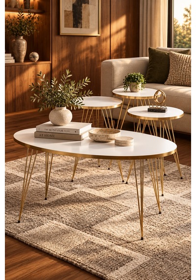 Odera Beyaz Oval Orta Sehpa Ve Yuvarlak Zigon Sehpa 4'lü Set Metal Ayaklı Retro Modern Salon Sehpası Beyaz - Altın