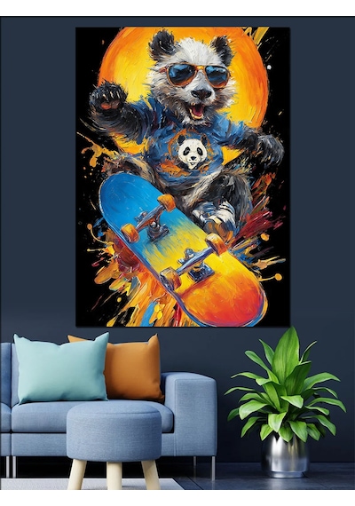 Ahşap Tablo Kaykay Yapan Havalı Panda