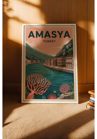 Amasya Tablo - Retro Travel Poster - Türkiye Şehir Serisi Duvar Dekoru - Çerçeve Şehir İllüstrasyonu Beyaz