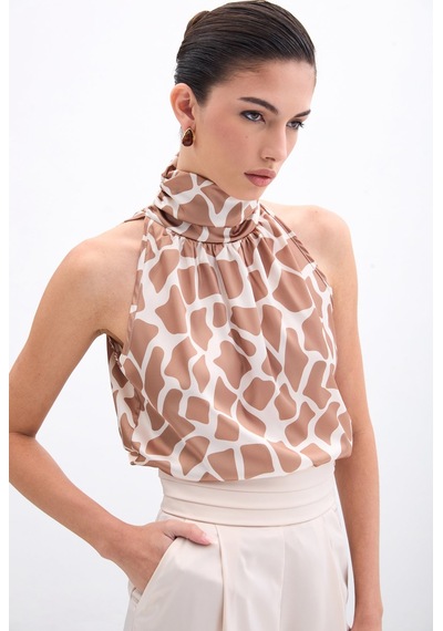 Sateen Boğazlı Kolsuz Bluz - Bej-camel-135952 Bej-camel