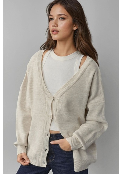 Hiccup My Fashıon Oversize V Yaka Düğmeli Triko Hırka Taş Doğal