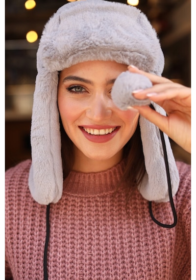 Kadın Kürklü Kulaklıklı Peluş Şapka Rkş-04 Gri Gri