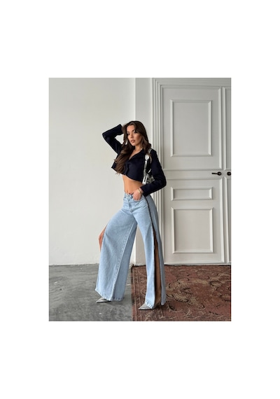 Blue Marlın Yan Fermuarlı Uzun Boyfriend Bol Paça Jeans Buz Kar