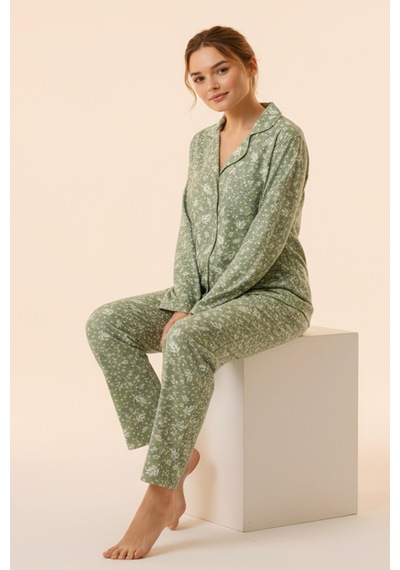 Süet Gömlek Pijama Takımı 7006 Doğa Yeşil Haki