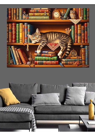 Ahşap Tablo Kitaplık Raflarında Gezinen Meraklı Kedi