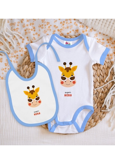 Bk Kids Super Hero Tasarımlı Mavi Bebek Body Zıbın Ve Mama Önlüğü Çok Renkli