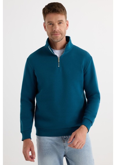 Tudors Unisex Relax Fit Rahat Kesim Pamuklu İçi Polarlı Yarım Fermuarlı İndigo Dik Yaka Sweatshirt-31449 Indigo