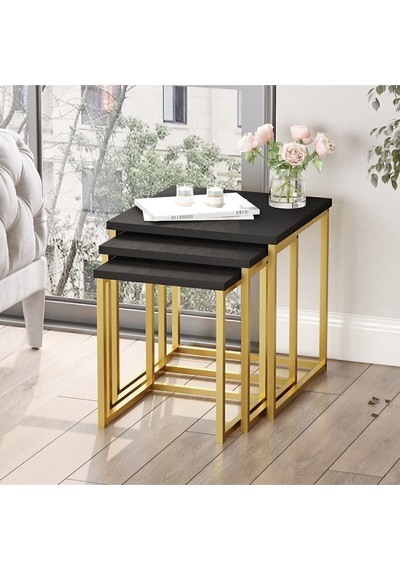 Atlantis 3'lü Gold Metal Zigon Sehpa Siyah Atl7-lb Siyah