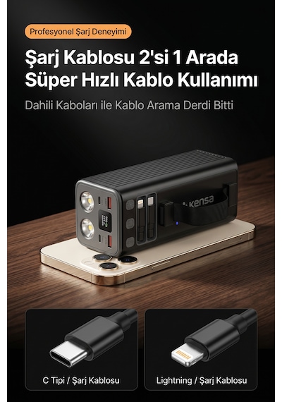 50000mah Powerbank 30w Pd 22.5w Qc Hızlı Şarj Dahili Usb-c Lightning Kablolu Led Fenerli Taşınabilir Şarj Cihazı