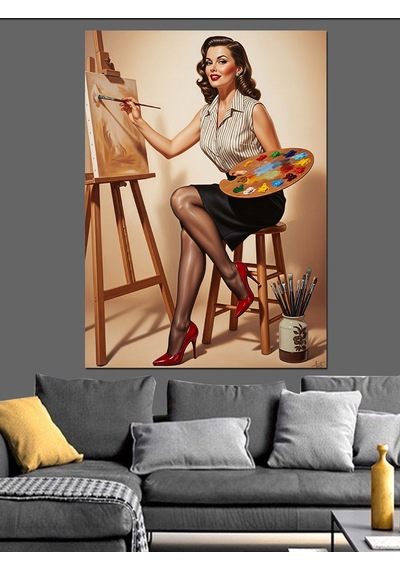 Ahşap Tablo Şövalede Resim Yapan Retro Ressam Kadın