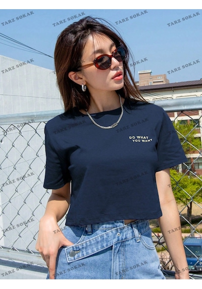 Flood Of Style Crop Ckod-232913 Dazy Yazılı Baskı Kısa Kollu Lacivert