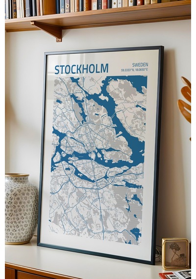 Stokholm İsveç Sweden Haritası Çerçeveli Tablo Lüks Salon Ofis Duvar Dekorasyonu Hediyelik Tablo