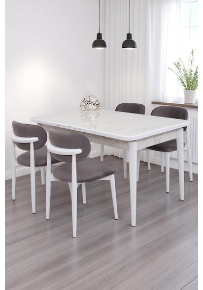 Duru Norte Mdf Lak Panel Açılır Yemek Masa Takımı 90x160 Beyaz Mermer