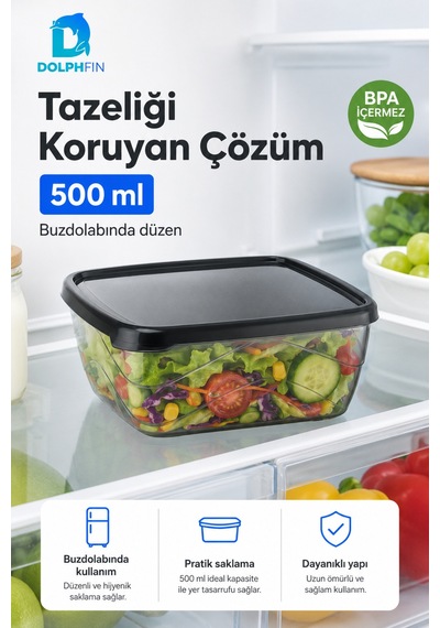 Kare Saklama Kabı 500 Ml Füme Şeffaf Siyah Kapaklı Buzdolabı Kabı Bpa İçermez