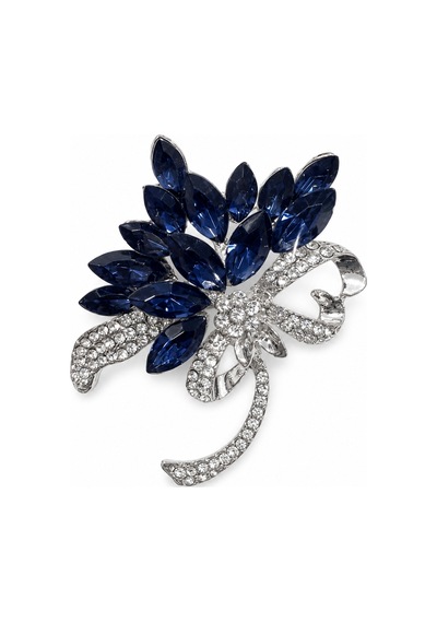 Premium Safir Mavisi Kristal Taşlı Çiçek Ve Fiyonk Tasarımlı Kadın Broş Açık Gri