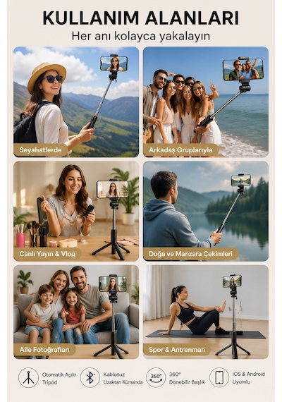 İphone 12 Pro Max Uyumlu Bluetooth Uzaktan Kumandalı Katlanabilir Tripod