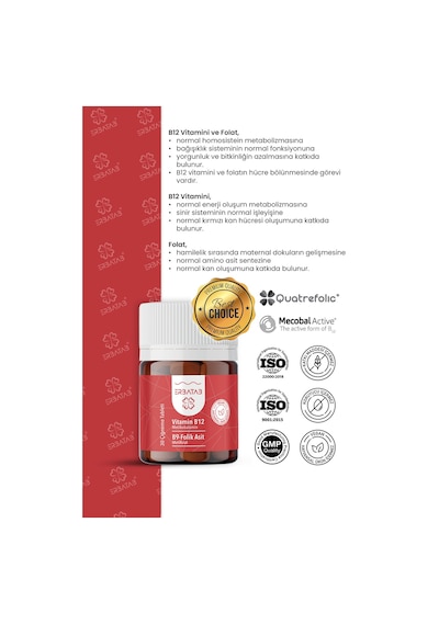 Erbatab Vitamin B12 Folik Asit B9 Takviye Edici Gıda 30 Çiğneme Tablet