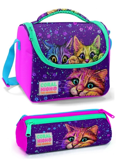 Coral High Pembe Mor Kedi Kız Çocuk Beslenme Çantası Seti Çok Renkli