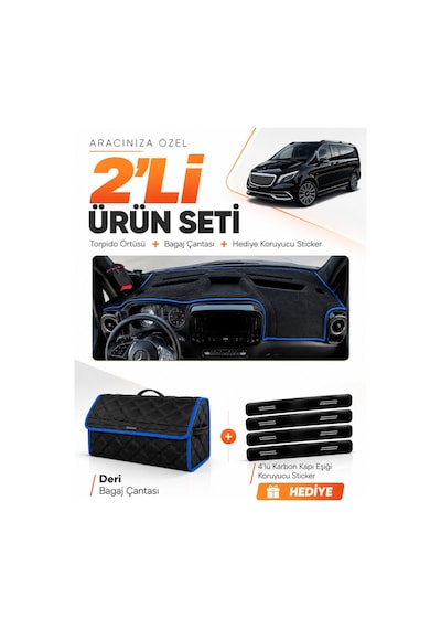 E-biz Mercedes Vito W114 Tourer 2025-sonrası Uyumlu Torpido + Deri Çanta - Siyah-mavi - Mb027