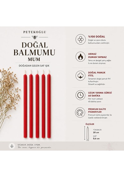 Petekoğlu Balmumu Mum Dilek Mumu Doğal Petek İnce Uzun Parti Nişan Düğün Ritüel Doğum Günü Mum 15 Adet Beeswax Candle Kırmızı