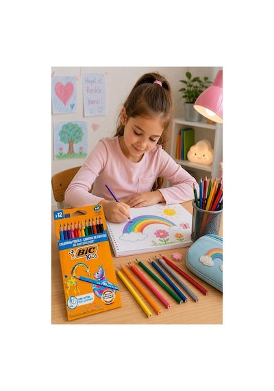 12 Li Kuru Boya Kalemi Karton Kutu 1 Paket Bic Evolution 12 Renk Kuruboya Tam Boy Canlı Renkli Boya Kalem Okul Öğrenci Çok Renkli