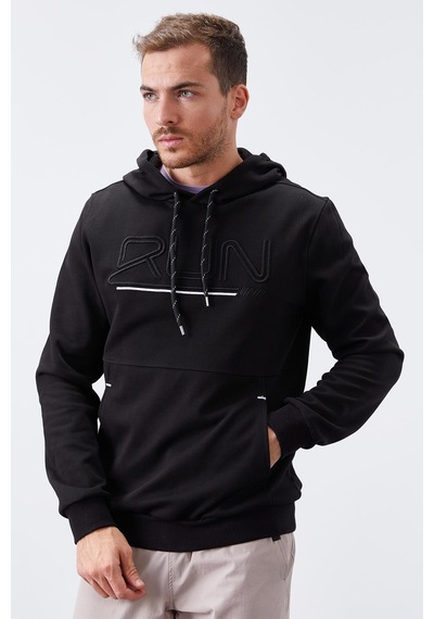 Tommy Life Siyah Yazı Nakışlı Standart Kalıp Kapüşonlu Erkek Sweatshirt - 87887 Siyah