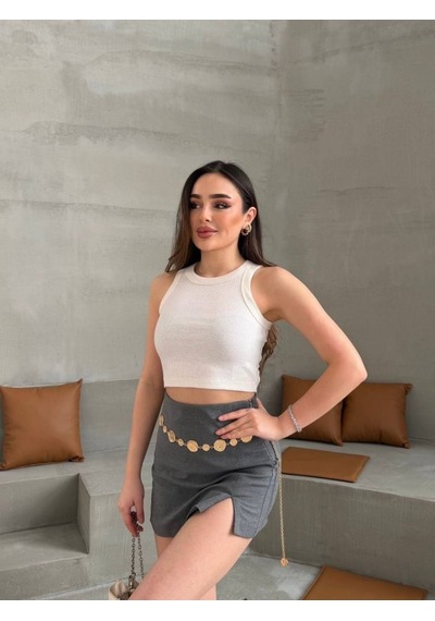 Dogutrend Kadın Halter Yaka Fitilli Esnek Crop Atlet Bej