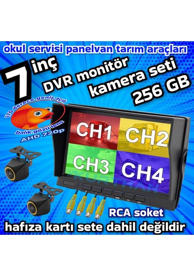 2 Adet 4x3 Cm. Ahd 720p 170 Derece Balık Gözü Lens Kamera 7 İnç Ips Qled 256 Gb Dvr Monitör 12 V